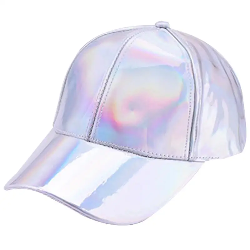 Women Men Faux Leather Baseball Cap Glitter Metallic Holographic Rainbow Reflective Hip Hop Adjustable Strapback Peaked Hat