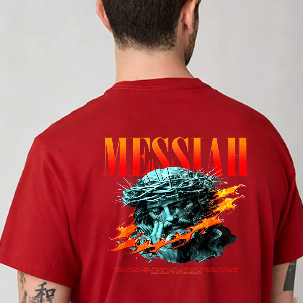 Gradient Messiah Letter Jesus Crown of Thorns Flame Slash Art T Shirt Red Cotton Crew Neck Fit Religious Trend Streetwear Tees