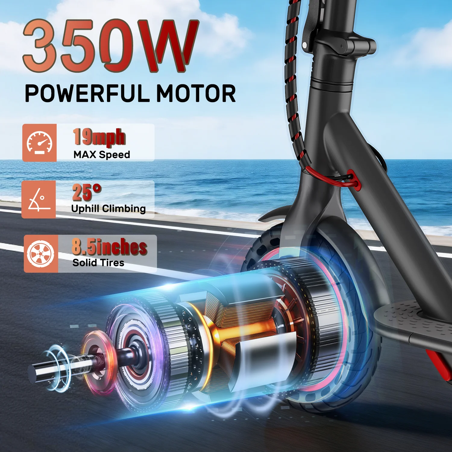 Electric Scooter -8.5'' Solid Tires, 19 MPH Max Speed, 350W Motor, 16 Miles Range,Adjustable Speed Foldable Commuter Scooter