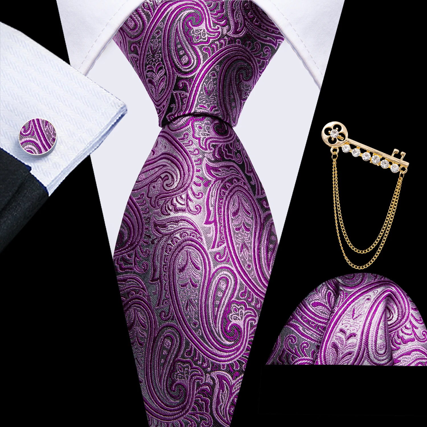 Klassisches Krawatten-Set für Herren in Blaugrün, Lila, Marineblau, mit passendem Einstecktuch und Manschettenknöpfen, lässige Krawatten-Accessoires