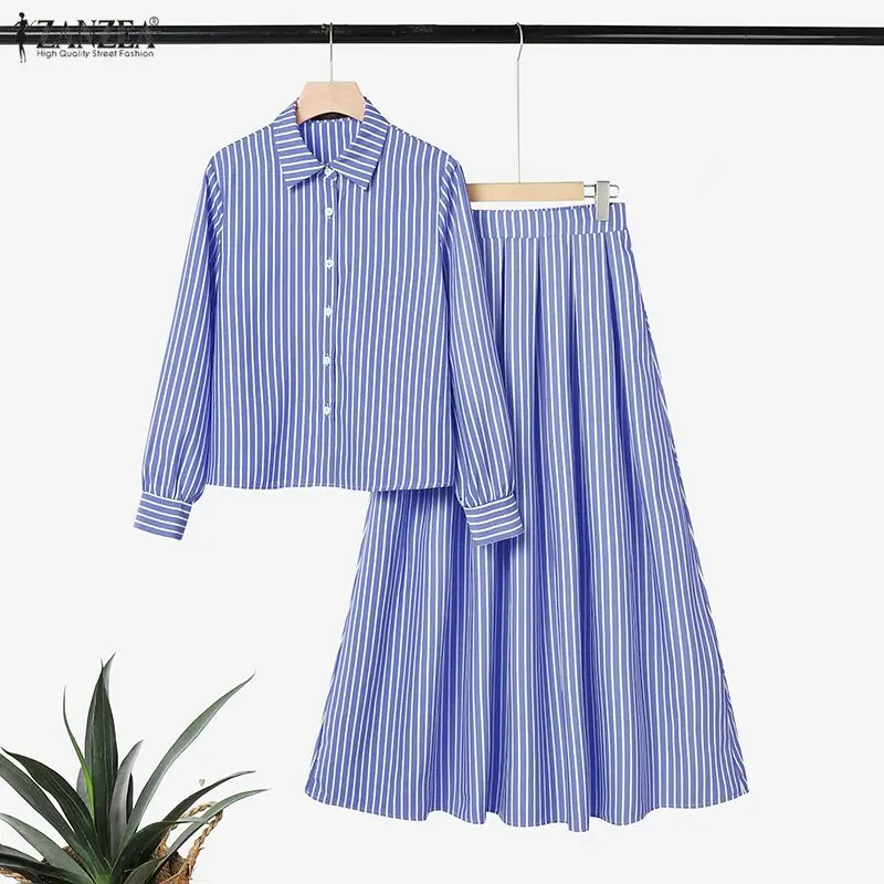 

Office OL Dress Sets 2026 ZANZEA Spring Striped Outfits Women Matching Sets Long Sleeve Shirt Sundress Muslim Tracksuit Oversize