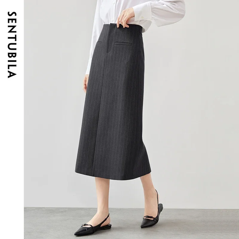 SENTUBILA Striped Suit Skirt Women 2024 Fall Winter Formal Straight High-waist Slit Work Business Female Long Skirts 143Q56822