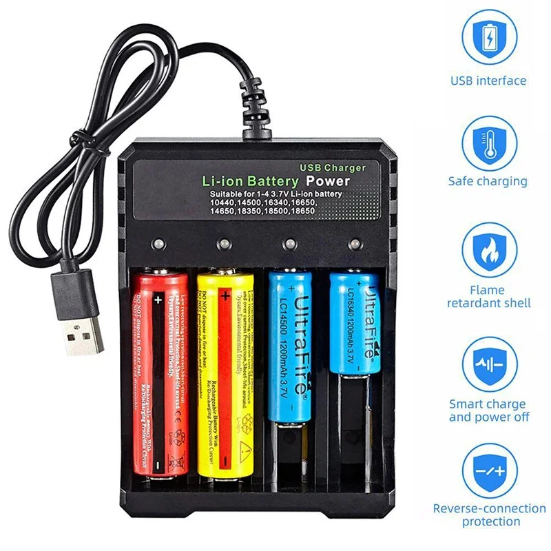 Universal 3.7V 18650 Charger Li-ion Battery USB Independent 4 Slots Charging Portable Smart Battery Charger