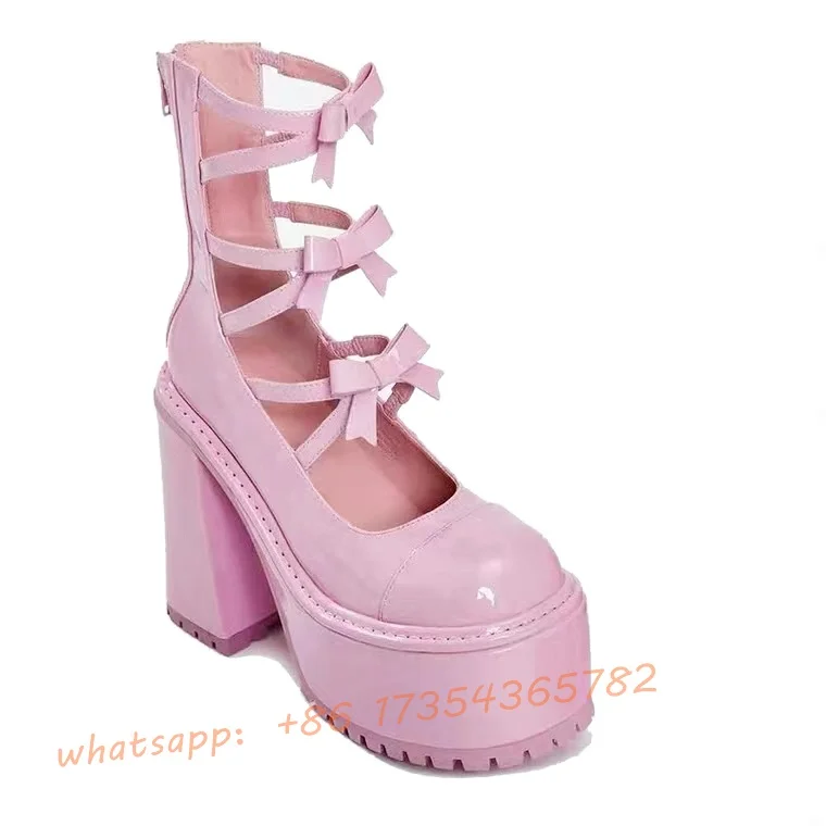 Pink Platform Chunky Heel Mary Jane shoes Lady Round Toe Sweet Punk Bow Back Zipper Hollow out Boots Sexy Spring Lolita Shoes