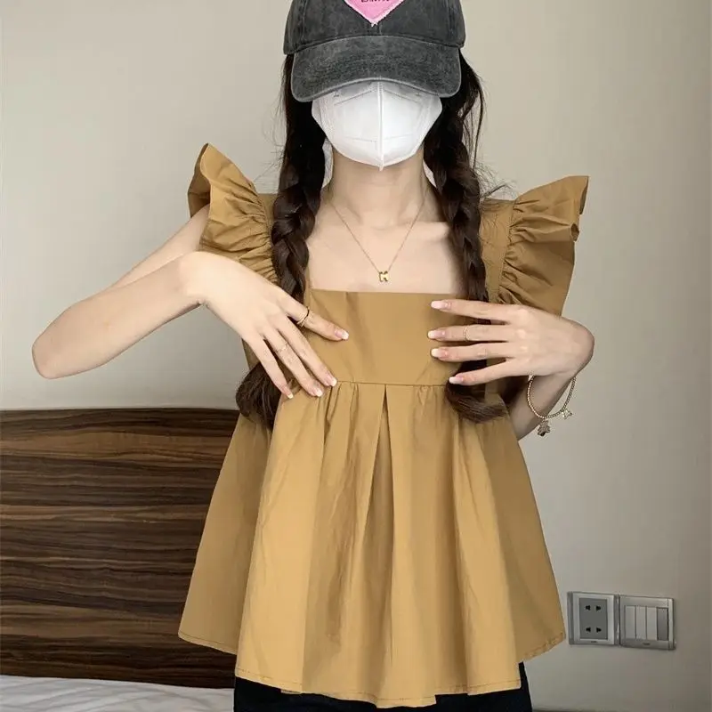 Fly Sleeve Shirts and Blouses Korea Square Collar Fashion Woman Blouse 2024 Ruffles Ladies Top Female Solid Sleeveless Clothes