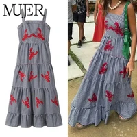 MUJER-vestido largo a cuadros para mujer, vestidos de verano con volantes bordados, vestido sin mangas para vacaciones en la playa, vestidos Midi informales para mujer 2025