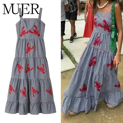 Imagen 1 del producto MUJER-vestido largo a cuadros para mujer, vestidos de verano con volantes bordados, vestido sin mangas para vacaciones en la playa, vestidos Midi informales para mujer 2025