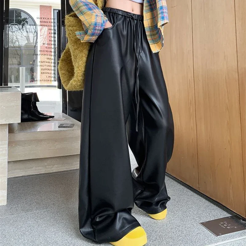 black PU leather casual pants women's autumn and winter high waist slimming straight leg  loose wide leg floor pants