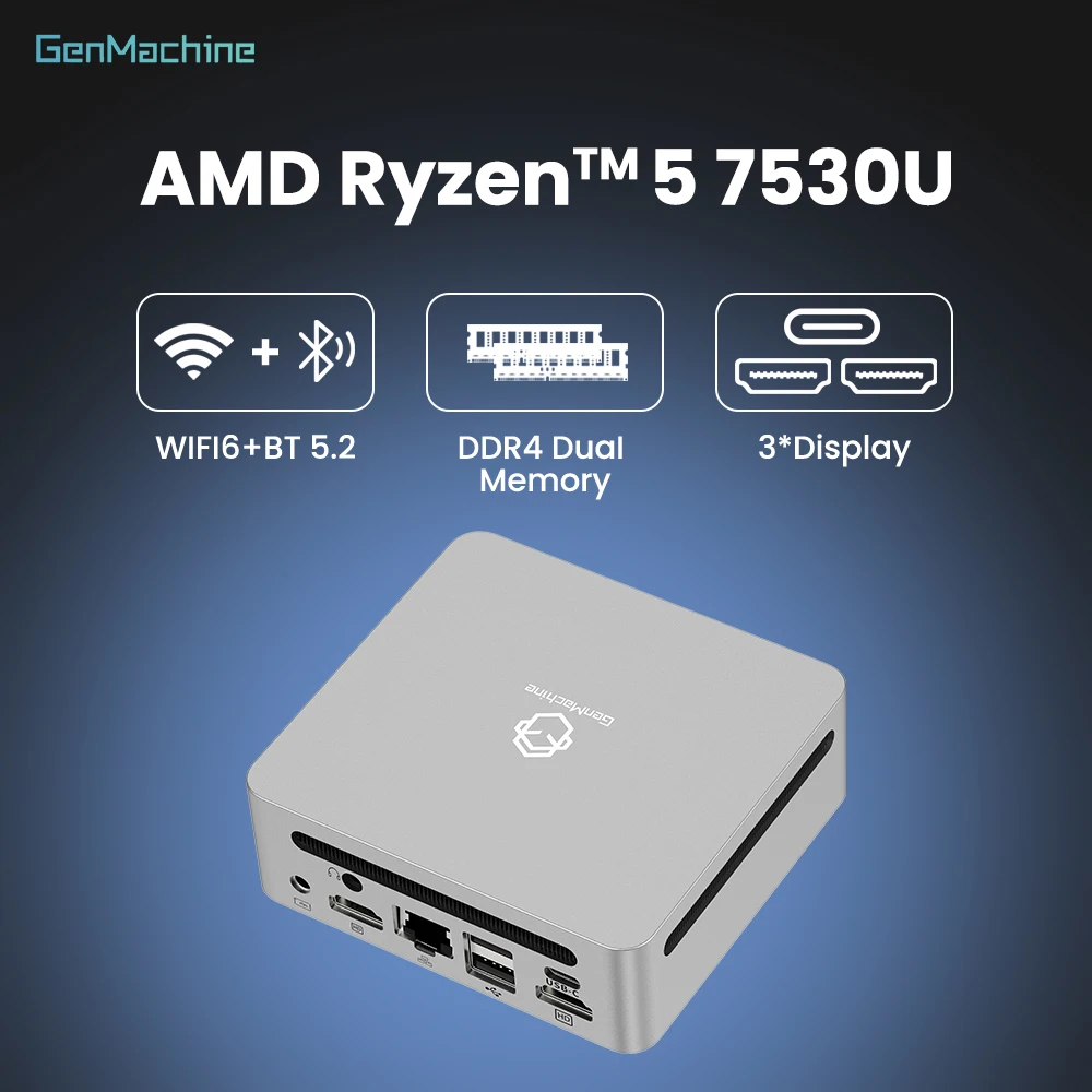 Genmachine AMD Ryzen 5 7530U Mini PC - 6C/12T Smooth Multitask, 15W TDP, 4K@60Hz, WiFi6, Ultra-Slim for Creative Tasks & Gaming