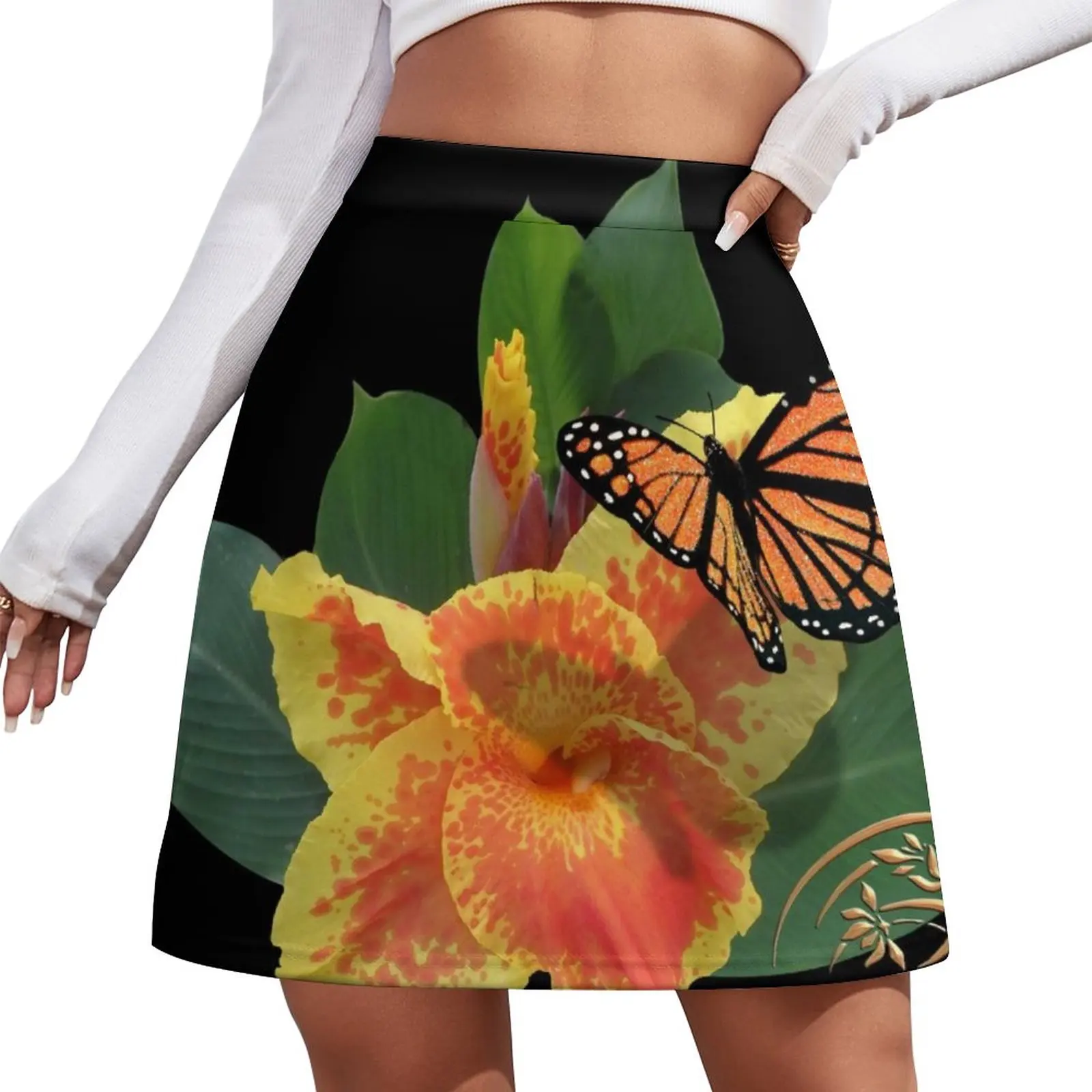 

Canna Lily and Monarch Butterfly on black Mini Skirt shorts short skirts for women night club women 90s vintage clothes