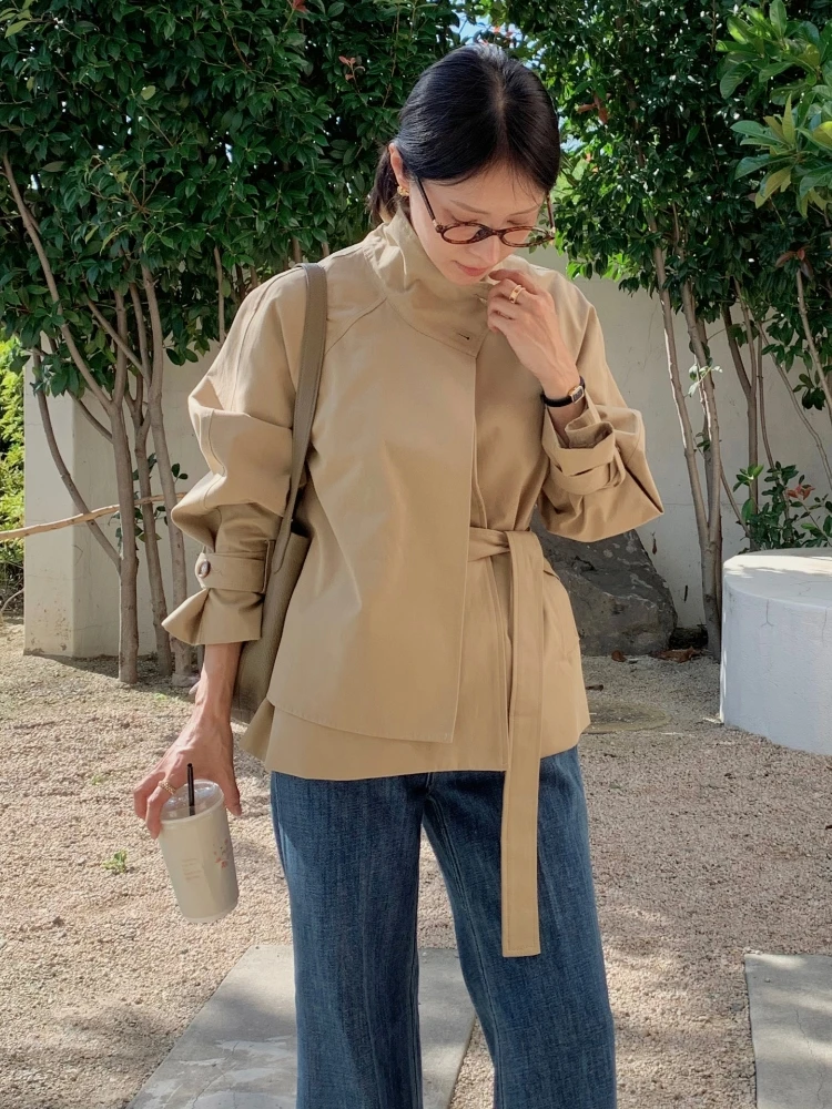 

i Color ort Waist-Cinching Stand Collar Coat for Women Belted Wrap Spring Autumn Outerwear Sli Commute Faion