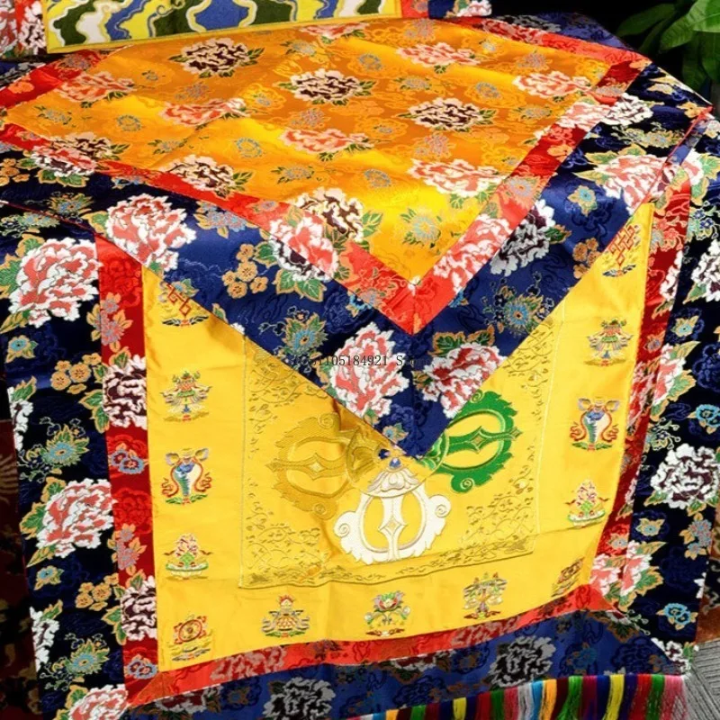 100CM Square Peony Flower Tibetan Decorative Tablecloth Hand-embroidered Double-layer Cloth Buddhist Ritual Objects Table Mat