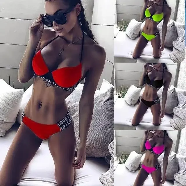 

New Color Block Bikini Women's Thermal Spring Swimsuit Gathered Chest Steel Support Beach Vacation Two Piece Swimsuit