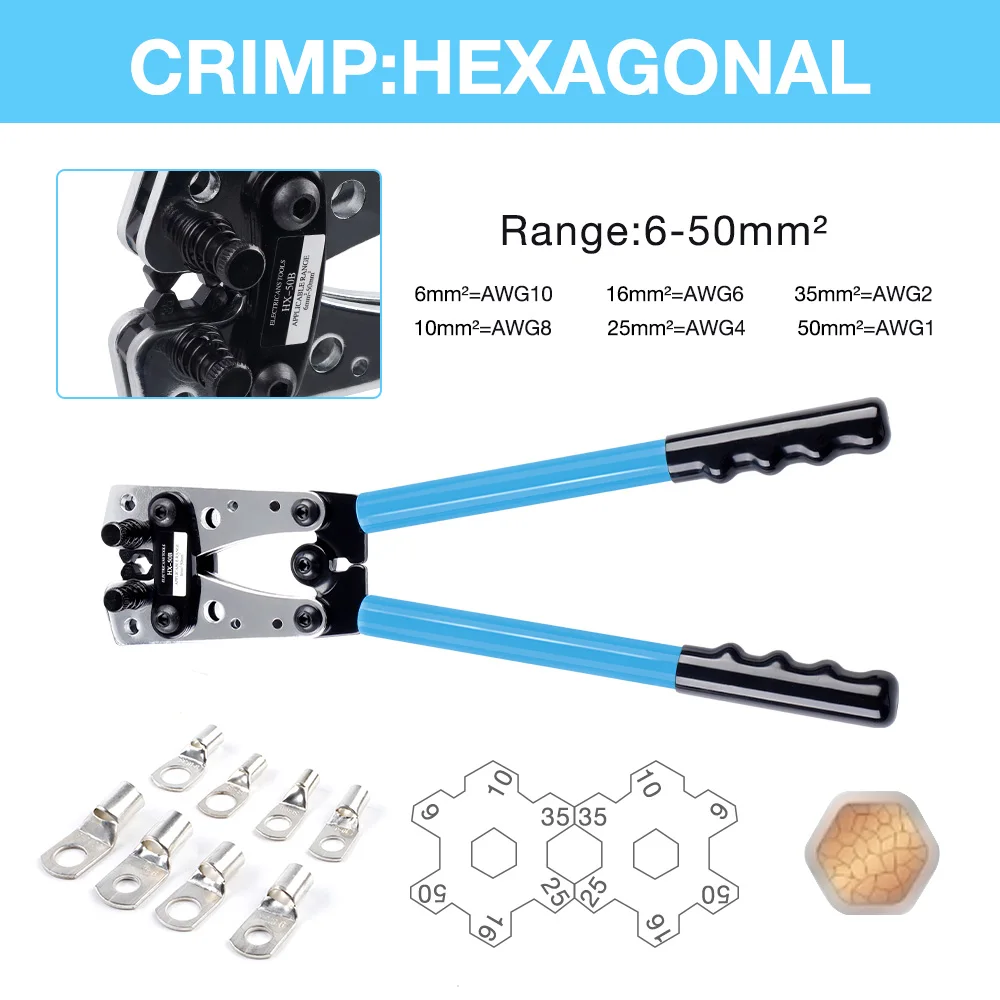 Kit de ferramentas de crimpagem de terminais de fio de bateria 10-1 AWG com cortador, ferramenta de crimpagem de terminais de fio de bateria de 6-50 mm, cortadores de cabo opcionais, terminais, tubos termoencolhíveis