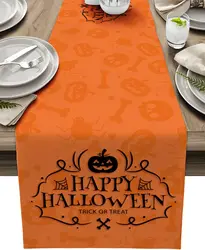 Halloween Trick or Treat Fall Pumpkin Orange Linen Table Runners Dining Room Decor Reusable Dining Table Runners Halloween Decor