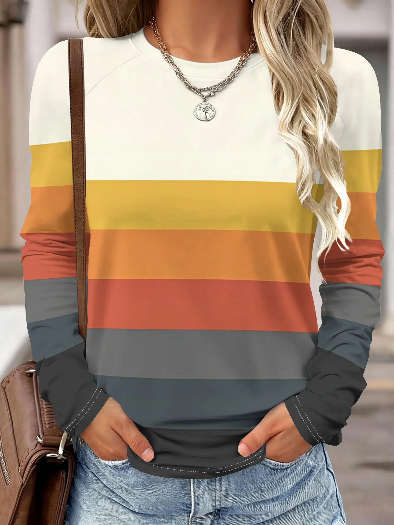 Camisa de manga larga para mujer, con estampado de rayas en degradado de color, cuello redondo, corte raglán, estilo casual, ideal para el otoño y para el uso diario. Ropa de mujer.