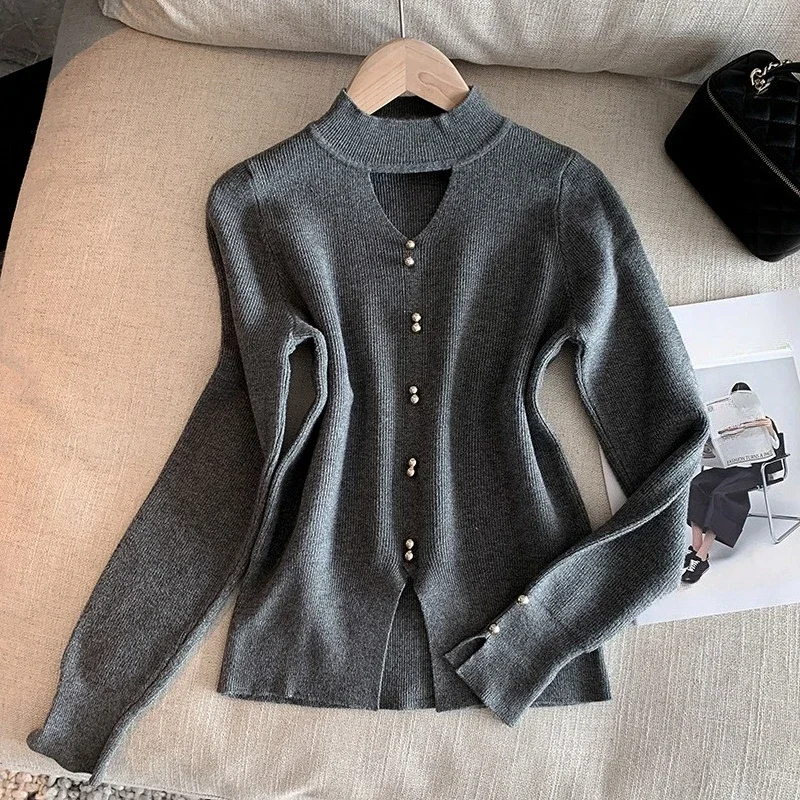 Séoulish automne hiver évider col en v femmes chandails tricotés à manches longues 2025 nouveau décontracté col rond pull hauts courts femme