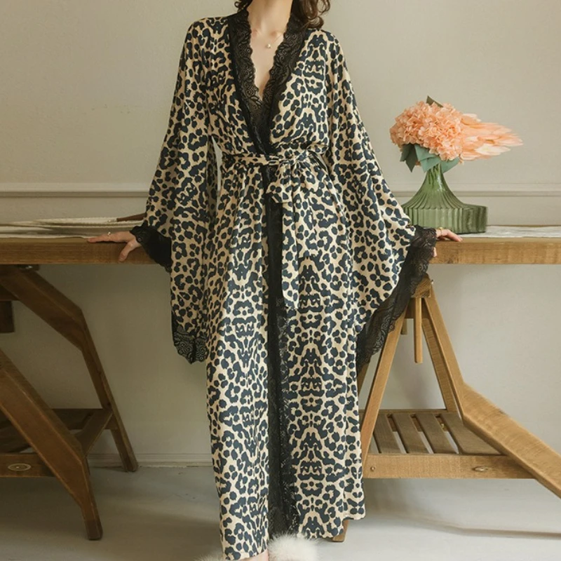 

Leopard Print Lace Trim Long Fashionable Casual Loose Nightgown Feminine Lace-up Waist Home Wear