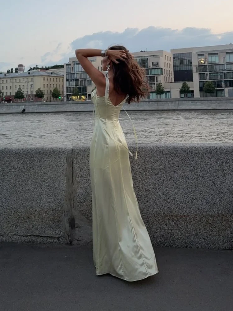Vestido de retazos de encaje amarillo para mujer, vestido Sexy de satén con cordones, sin mangas, sin espalda y cremallera, vestidos de noche de fiesta para señora nueva 2025