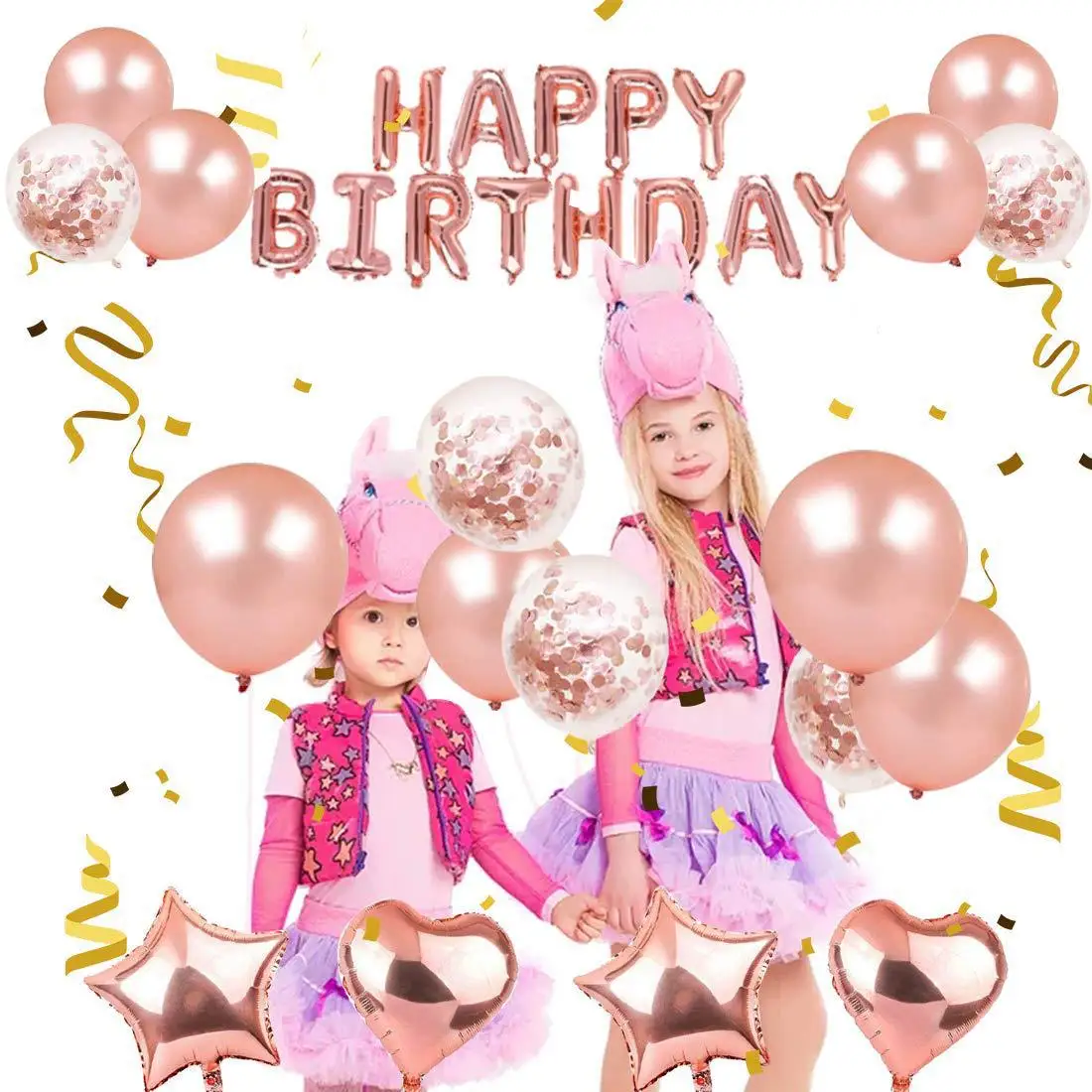 

40Pcs Rose Gold Birthday Balloons Set Confetti Foil Letters Hearts Stars Tassel Garland for Party Wedding Decorations Kit