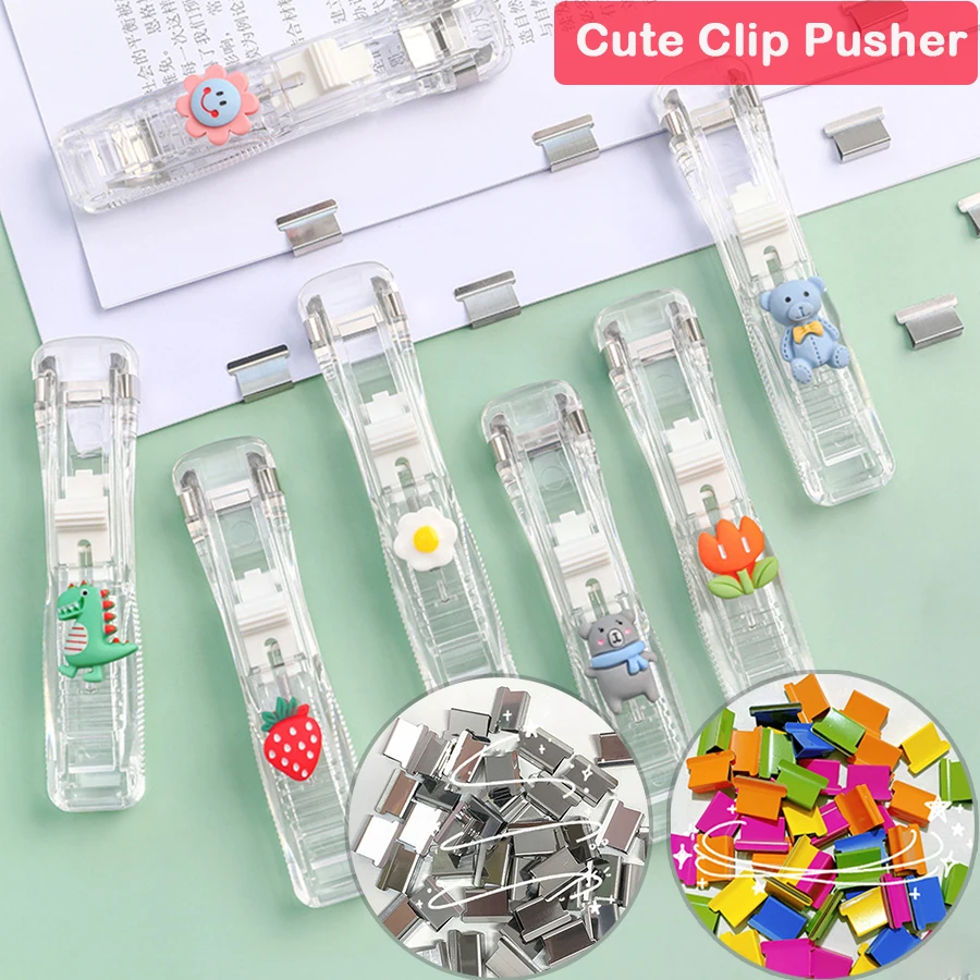 Cute Pusher Clip Hand Paper Clipper & Refills Metal Stapler Paper Clips For Document Binding Stationery Advanced No Damage Paper