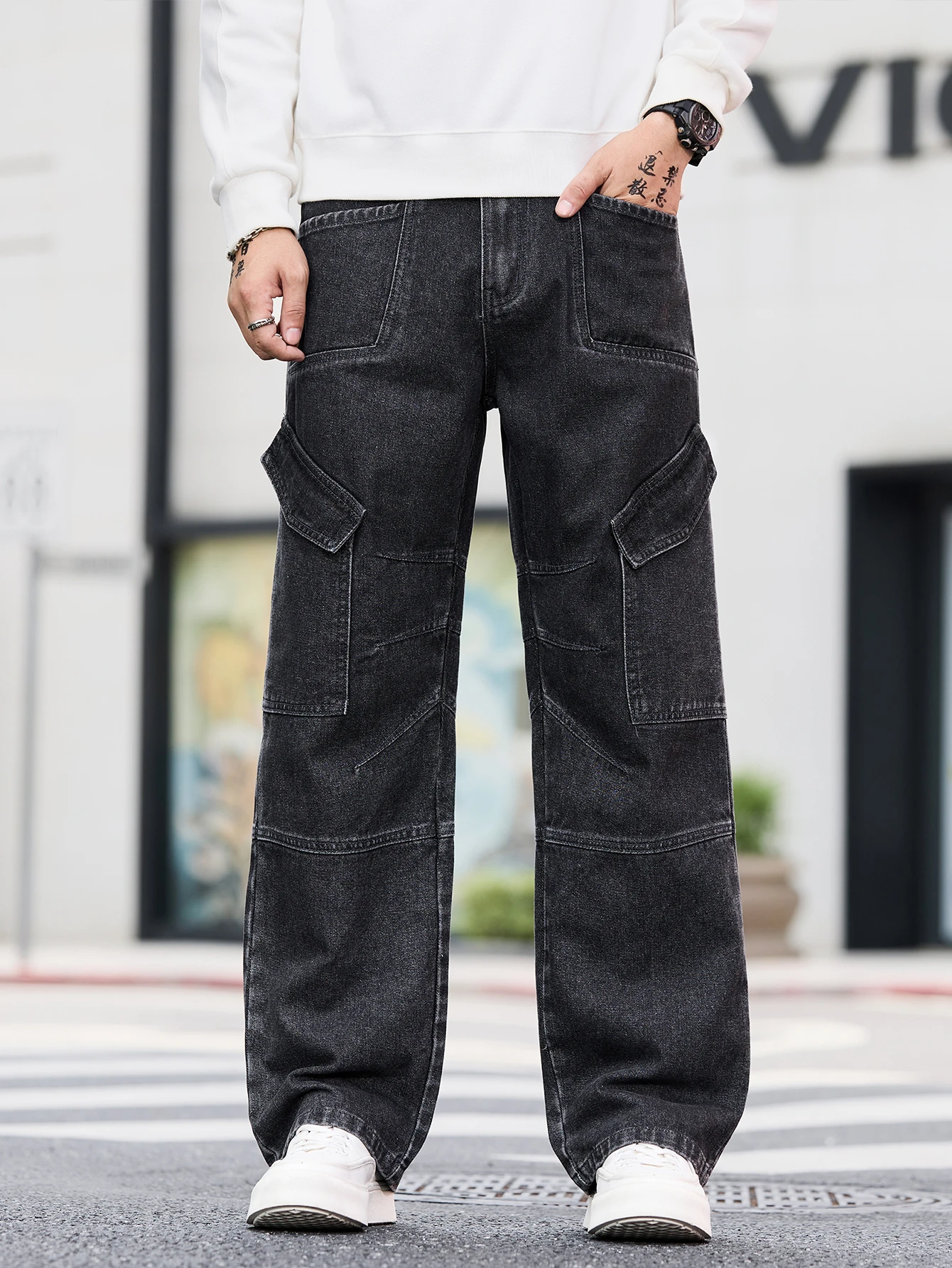 Men's Trendy Y2K Streetwear Cargo Jeans, Retro Black Loose Fit Wide-Leg Fashion Trousers For Men, Versatile Casual Denim Pants