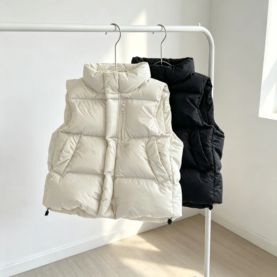 Kids Puffer Vest Stand Collar Half Zip Sleeveless Gilet Adjustable Hem Boys Girls Versatile Warm Quilted Jacket Autumn Winter