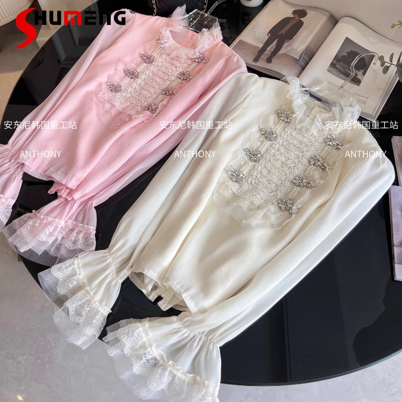 

Women's 2025 Autumn Winter Fashion Tops Ladies Loose Comfort Chiffon Blouse Trendy Feminine Rhinestone Flared Sleeve Chic Shirts