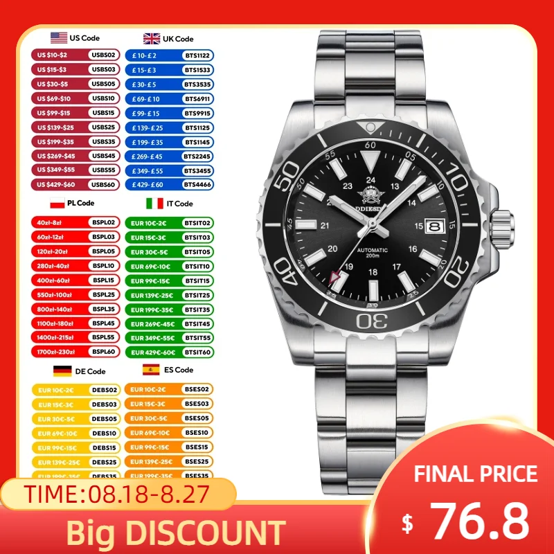 

ADDIESDIVE AD2504 Luxury Mechanical Watches Sapphire Glass Stainless Steel Black/Green/Blue Dial 200m Waterproof Automatic Watch