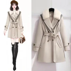 Women's Cashmere Jacket, Adjustable Waist Coat, Lace-up, Medium Length Blends, Female Clothes, Loose Overcoat, Autumn, Winter