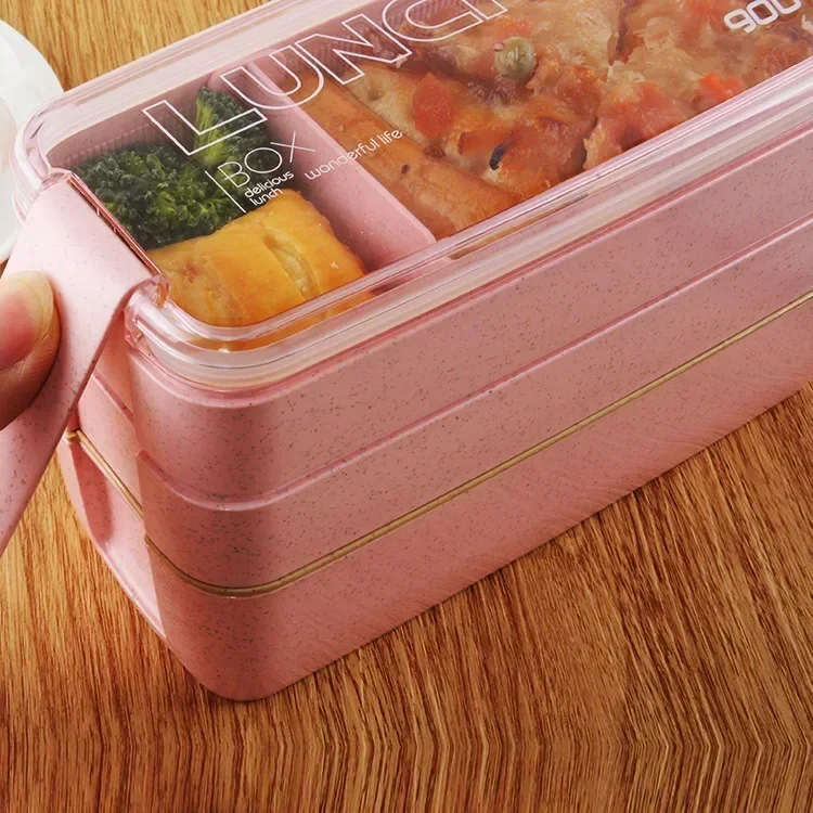 Kotak Makan Siang Bahan Sehat 3 Lapis Kotak Bento Jerami Gandum Kotak Makan Siang Wadah Penyimpanan Makanan Makan Malam Microwave 900Ml
