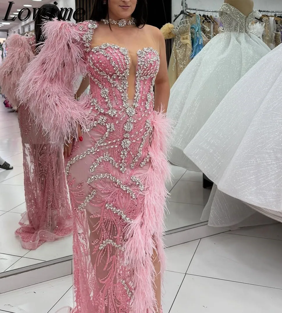

Pink Crystals Handmade Prom Dress Arabic Dubai One Shoulder Feather Sleeves Beading Formal Evening Party Dress Customized