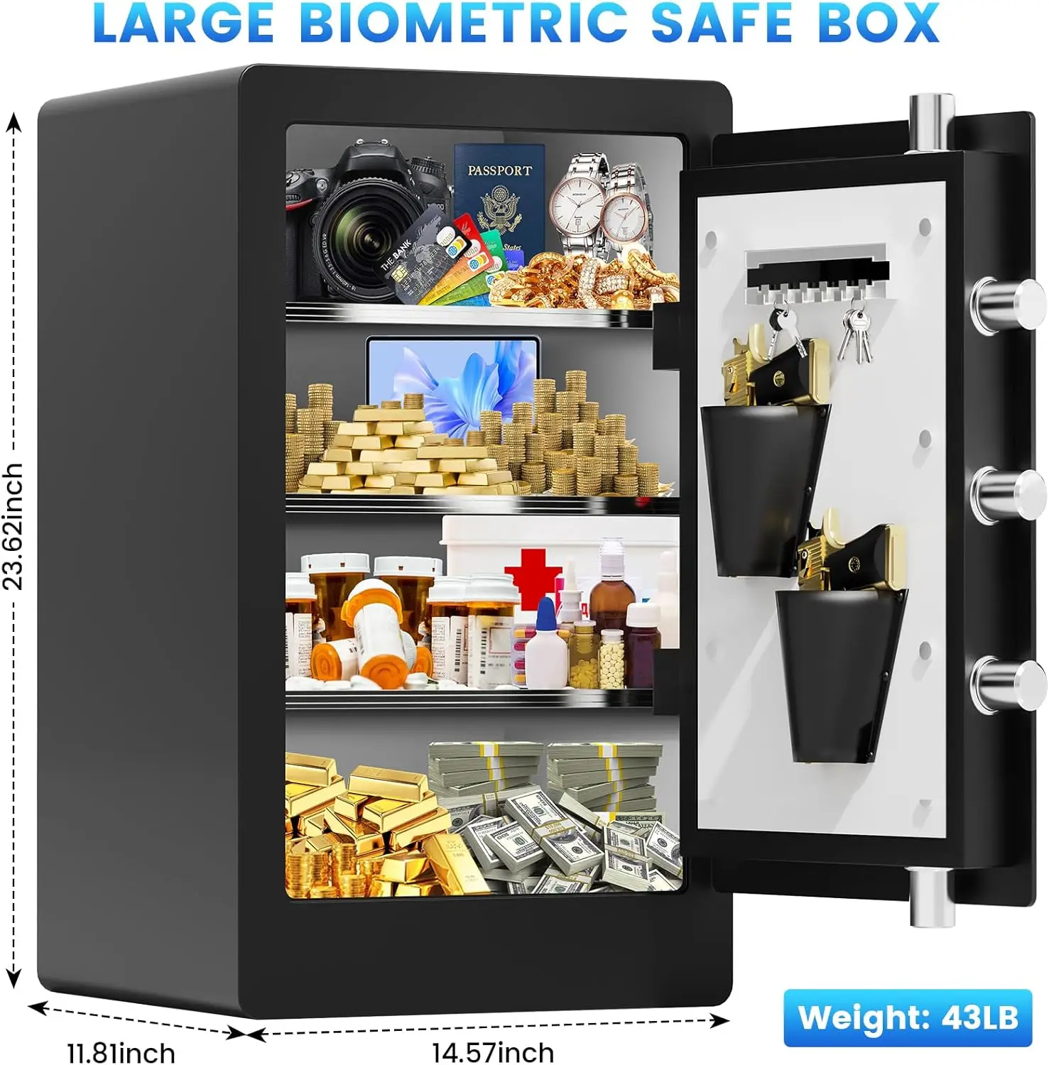 5.1 Cuft Large Biometric Fireproof Safe for Home Use, Quick-Access Fingerprint Safe Box with Fireproof Document Bag, 3 Removable