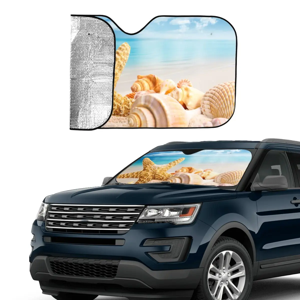 Starfish Shell Sunshade Windscreen Sea Beach Scenery Universal Car Front Windshield 76x140cm Sun Visor Accessories Covers