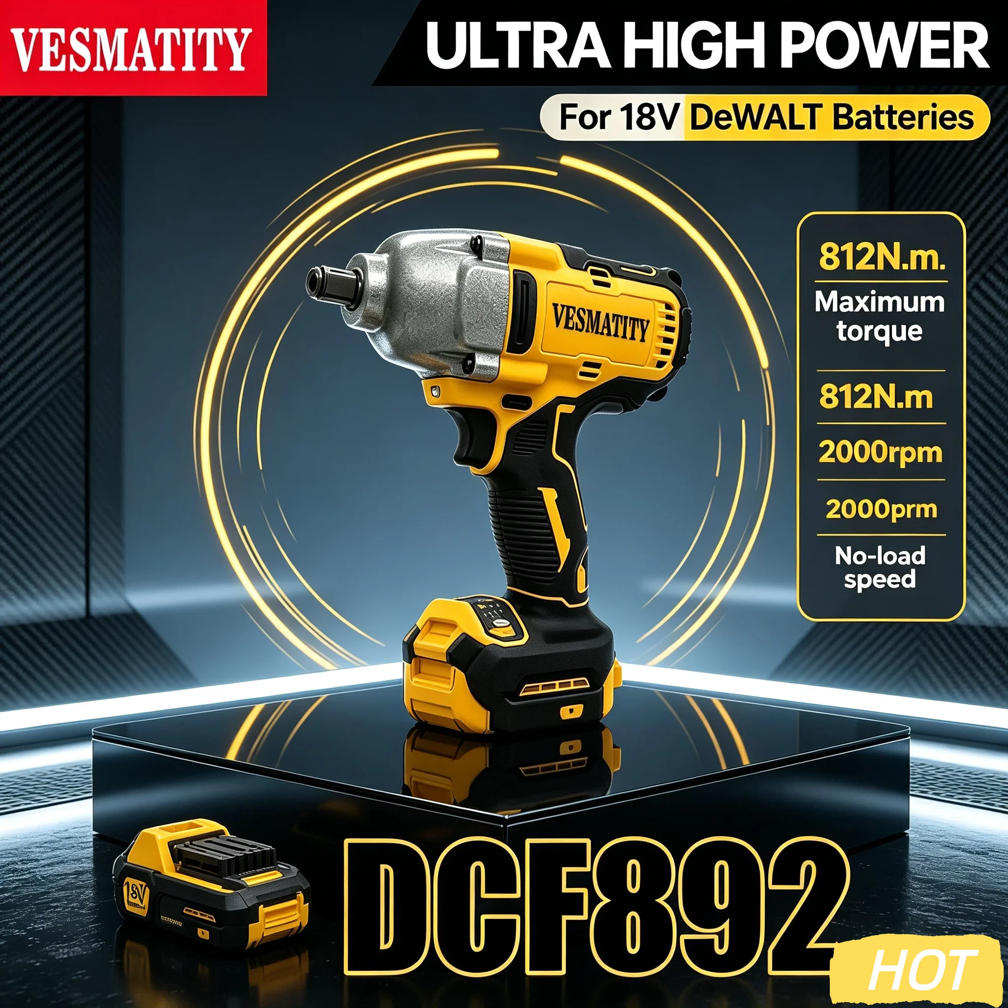 Vesmatity DCF892 812Nm Cordless Impact Wrench 1/2'' High Torque 2000RPM Stepless Speed Electric Tool for 18V Battery Max