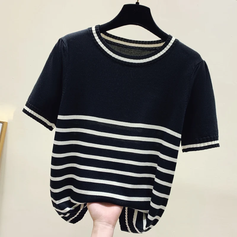 2023 Summer Women O-Neck Cashmere Wool Knitted Pullovers Short Sleeve Loose Jumper Knitwear Sweaters Striped Casual Tops