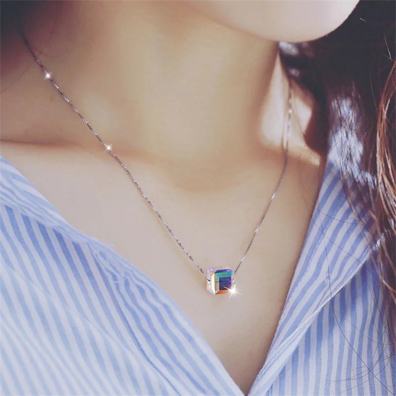 Geometric Square Colorful  Zircon Crystal Necklaces For Women Korean Fashion Sexy Female Clavicle Chain Pendant Necklace Jewelry