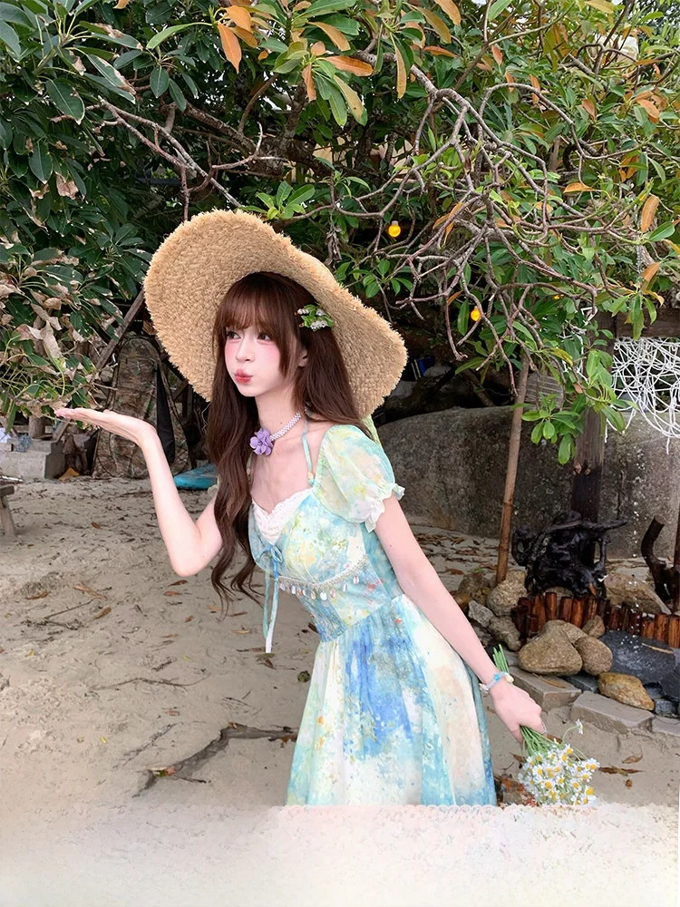 

Summer Beauty Gradient Dyeing Halter Dress Women's Holiday Style Patchwork Long Skirt Standard Sleeve Polyester Fabric
