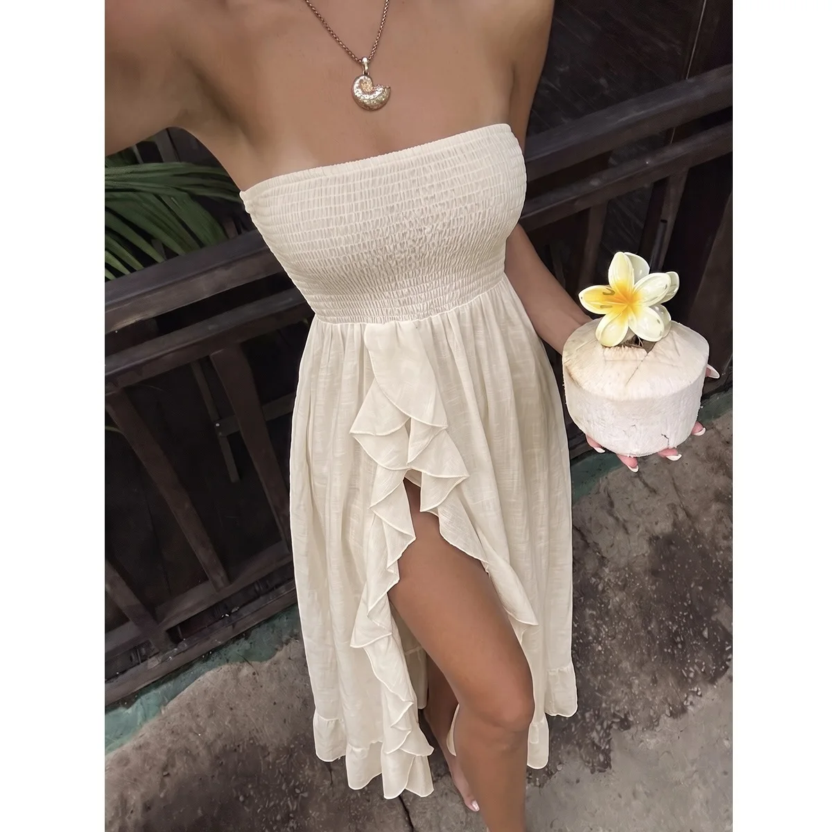 Sexy Boho Style Solid Color Strapless Dress, Lightweight Transparent High Split Ruffle Cover-Up, Perfect for Beach Vacation