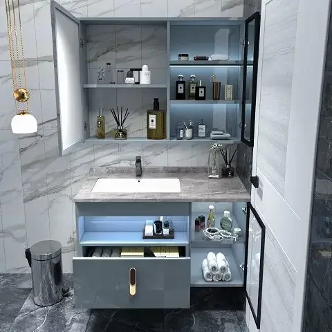 Mueble de baño inteligente moderno, bonito y rosa, combinación de lavabo, ligero, Red de lujo, mueble rojo, baño, roble, Color té de la leche