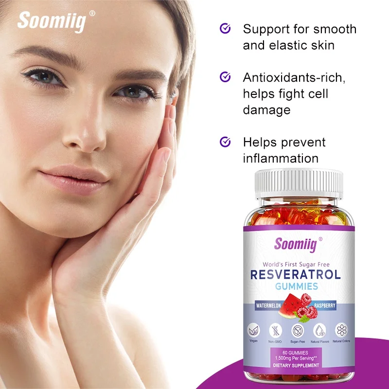 Resveratrol Gummies 1500mg - Antioxidant Support, Smooth Skin, Elastic Skin, Fights Cell Damage, Anti-Aging Support, Skin Health