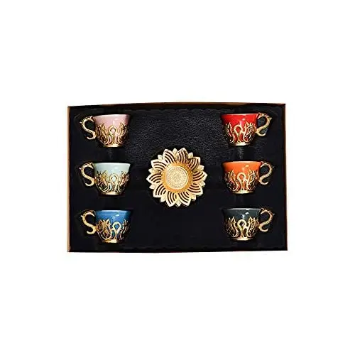 Luxury English Porcelain Coffee Cups Set of 6 and Saucers - 4 oz.- Gold Espresso Cups Set, Greek Coffee, Demitasse Gift Coffee C