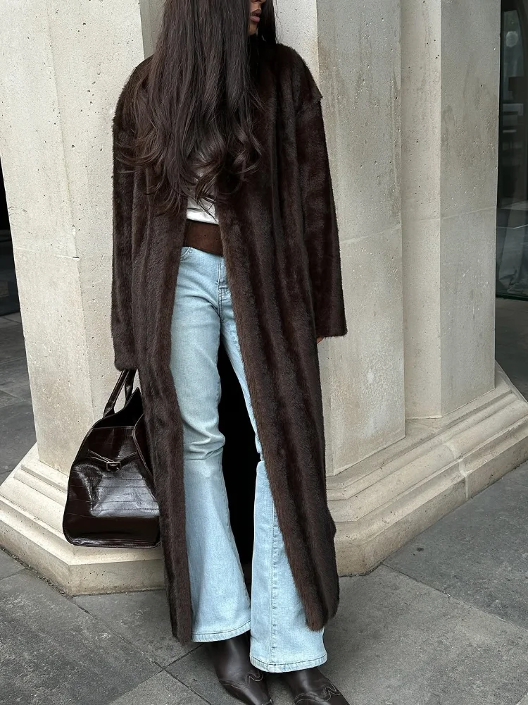 Повседневное коричневое пальто из искусственного меха на шнуровке, женская водолазка с длинным рукавом, пушистое свободное полосатое длинное пальто, женская зимняя повседневная уличная куртка