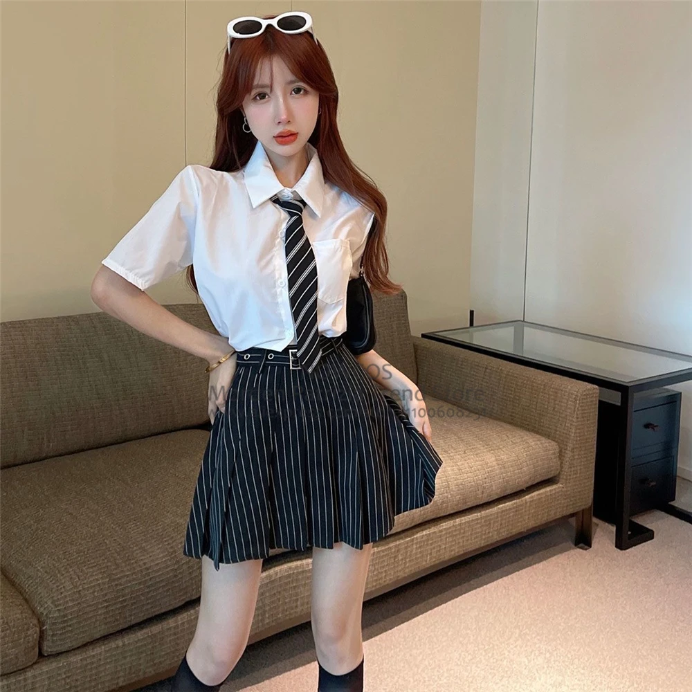 Japan Korean Student JK School Uniform Summer Cool Uniform Daily Two-piece Set Girls Black Stripped Skirt Belt Tie White Shirt