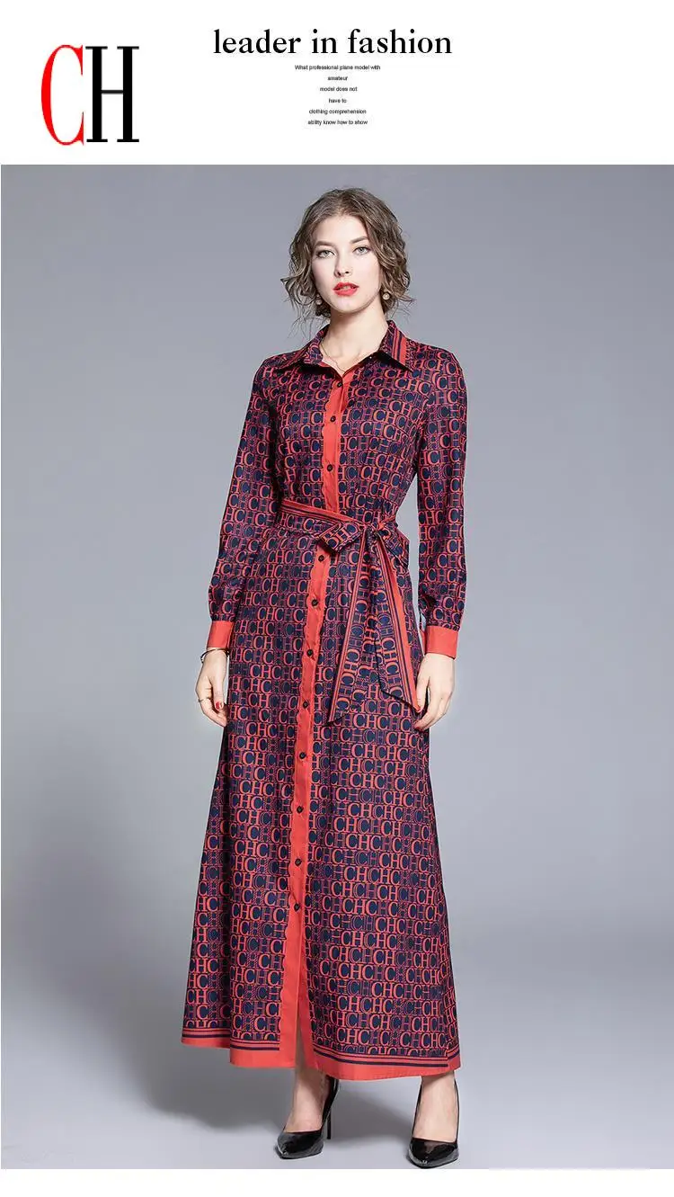 CH Monogram Print Long Sleeve Button Down Shirt Dress Belted Waist Contrast Trim Maxi Dress Elegant Fashion Office Wear ﻿ - view 6