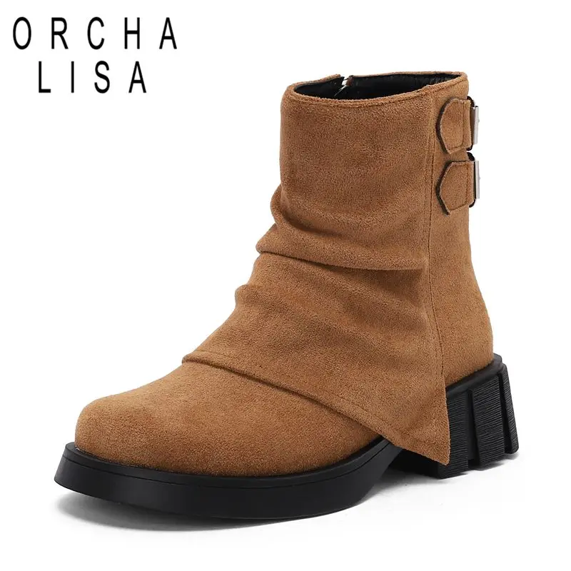 

ORCHA LISA Женские ботильоны для отдыха с круглым носком 4,5 см, толстый каблук, боковая молния, флоковая замша, нескользящая мягкая повседневная обувь большого размера 42 43