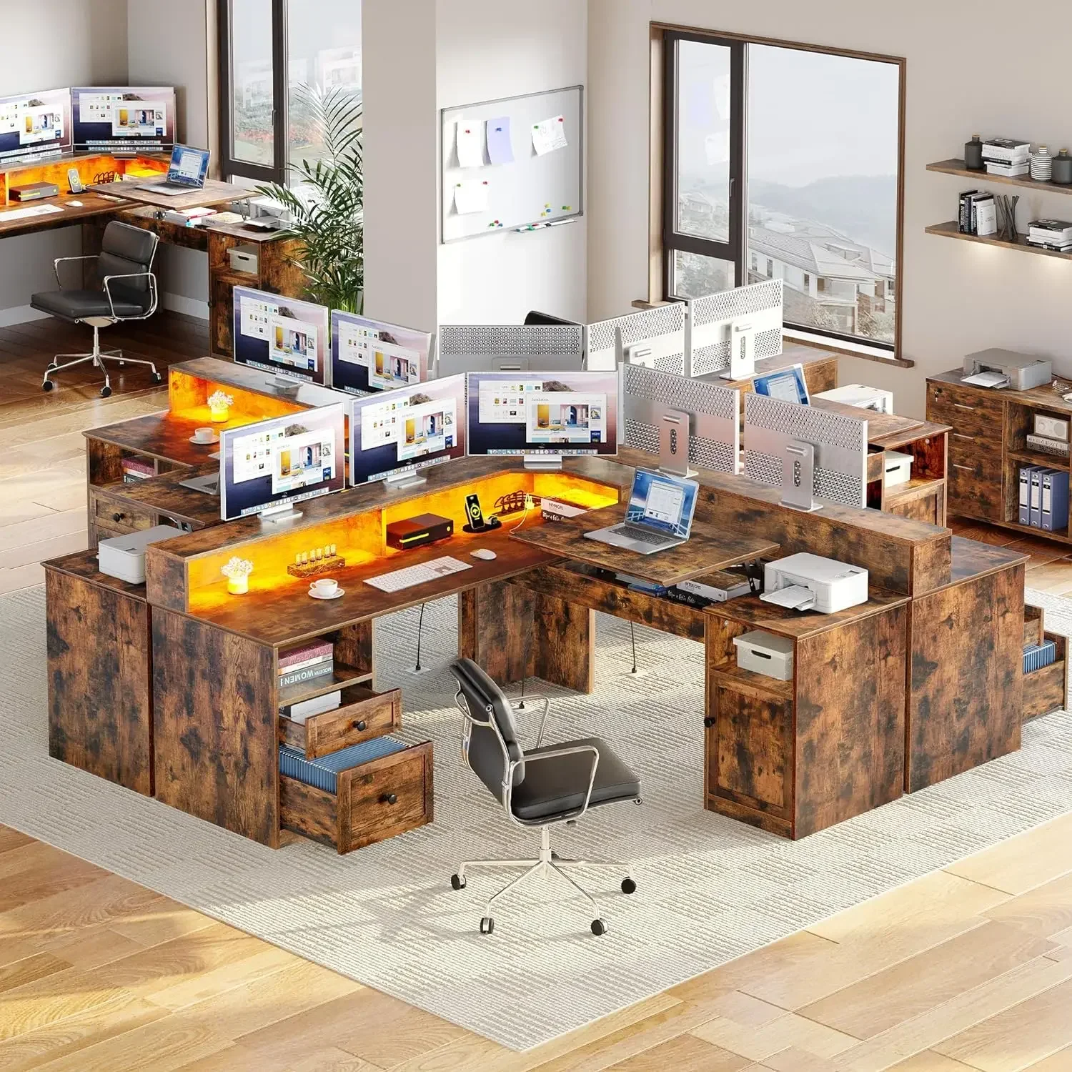 

y Shaped Desk with Power Outlets & LED Lights, 60” Corner Computer Desk with Drawers & Lift Top, Home Office Desk with