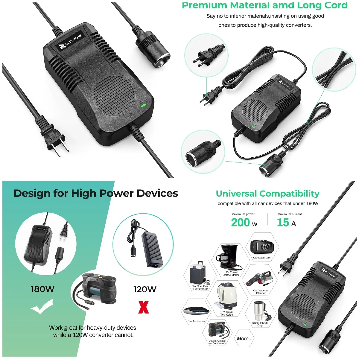 

180W AC to DC Converter 15A 100-120V to 12V Car Cigarette Lighter Adapter for Inflator, Car Refrigerator