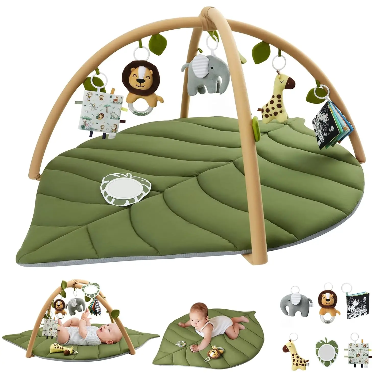 

Baby Play Gym & Activity Mat, Oversize Leaf Shaped Tummy Time Mat with 6 Detachable Toys, Newborn Infant Sensory Development