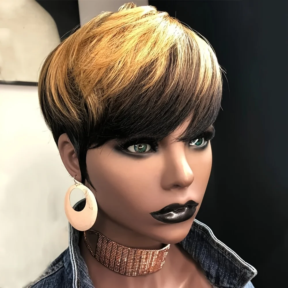 ピクシーカットストレート人毛ウィッグ レディース 1B/27カラー フルマシンメイド ショートレイヤードストレートウィッグ 前髪付き 6インチ